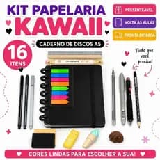 Kit Escolar Papelaria Fofa Kawaii PRETO 16 Itens|Caderno de Discos A5|Kit Completo|Presente Criativo