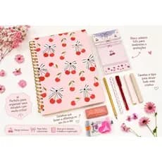 Kit Box Papelaria fofa Cereja/Cherry Caderno A4 feminino, presente 10 itens