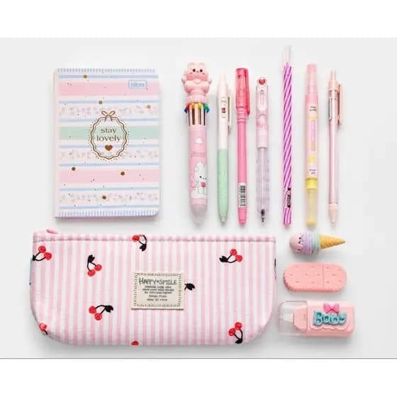 Kit Papelaria Fofa Estojo Completo|Roxo,RosaeAzul com 12 itens, Verde 13 itens, Amarelo 09 itens|Kawaii|Kit Escolar