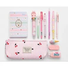 Kit Papelaria Fofa Estojo Completo|Roxo,RosaeAzul com 12 itens, Verde 13 itens, Amarelo 09 itens|Kawaii|Kit Escolar