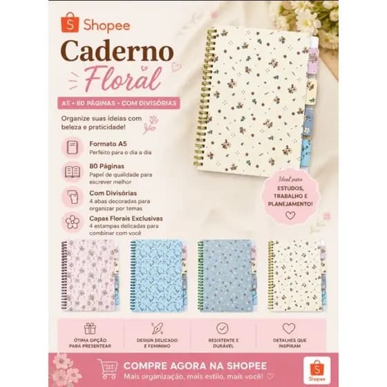 Caderno Floral A5 com Divisórias Clean|Feminino|Presente|Papelaria Fofa
