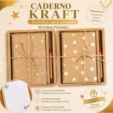 Caderno Kraft Capa dura com caneta |Anotações|Fofo|Funcional|Papelaria Fofa|Estrelas|Corações