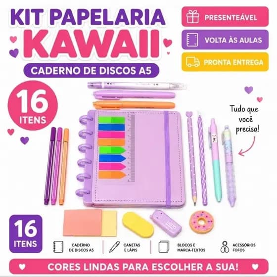 Kit Escolar Papelaria Fofa Kawaii ROXO 16 Itens|Caderno de Discos A5|Kit Completo|Presente Criativo