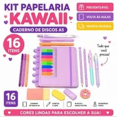 Kit Escolar Papelaria Fofa Kawaii ROXO 16 Itens|Caderno de Discos A5|Kit Completo|Presente Criativo