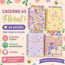 Caderno A5 Espiral Capa Dura Floral Abelhinha. Escolar, Agenda, Feminino, Presente.
