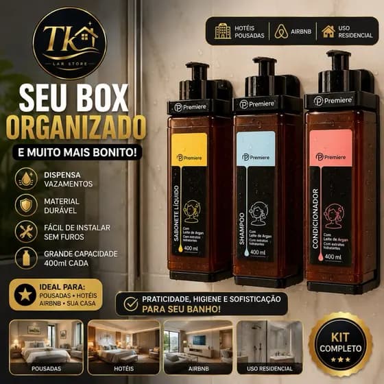 Dispensers de Parede FRASCO + LIQUIDO - porta shampoo,condic,sabonete- Banho Box Chuveiro, Hotel, Airbnb
