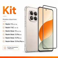 Kit 2 em 1 - Redmi 15 / 15C / Note 15 / Note 15 Pro 4G / Plus 5G - Capa Transparente + Película 3D