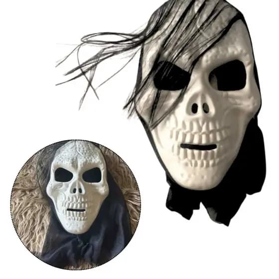 Máscara de Caveira Halloween, Máscara de Halloween com Capuz e Cabelo Artificial