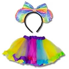 Kit Tiara Minnie e Saia de Tule Pride Colorida, Tiara de Lacinho e Orelhas e Saia de Tutu Colorida