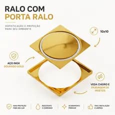 Ralo Click Inteligente 10x10 Banheiro Inox 304 Dourado Gold Quadrado Para Banheiro + Porta Ralo