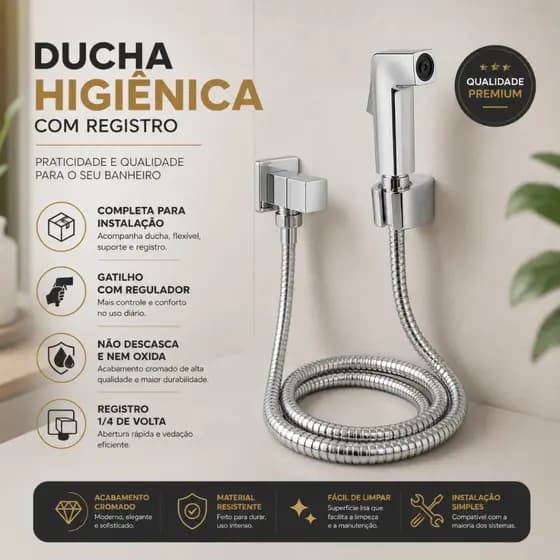 Ducha Higiênica Quadrada Banheiro Lavabo Super Luxo Metal Cromo Premium Chuveirinho Íntimo 1/4 Volta