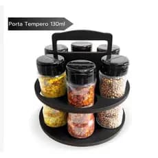 Porta Tempero Especiarias com suporte em MDF 6mm 6 Potes Plástico 130ml Tampa Dosadora Dupla P/ Cozinha