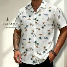 LK  Camisa casual de manga curta de verão com gola virada, botões na frente e estampa tropical de plantas para homens