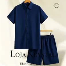 NB Conjunto Masculino Camisa Botão e Shorts Mauricinho Crepinho P M G GG