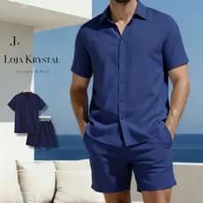 Conjunto Masculino de Crepinho Camisa  botão e Bermuda
