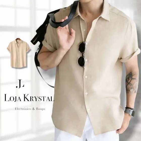 JL  Men's Social Shirt Curta Sleeve Slim Fit Luxury Detail ViscoLinho