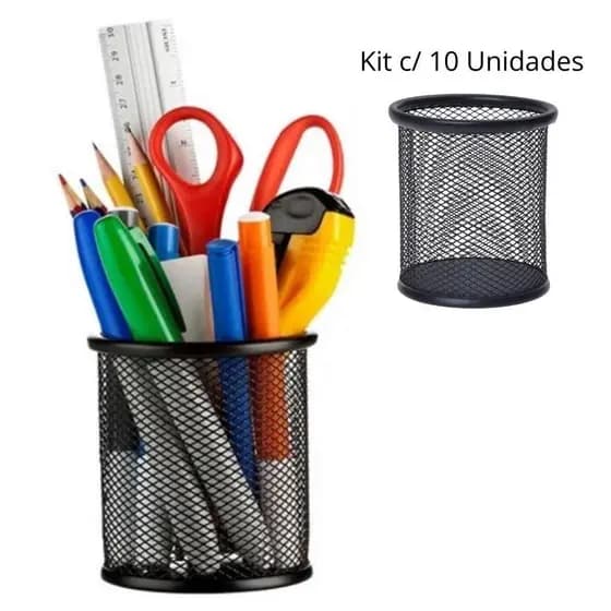 Porta Caneta, Porta Lápis, Porta Treco Kit c/ 10 Unds, Redondo, Aramado, Preto