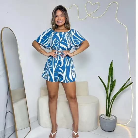 Conjunto Feminino AMANDA Duna Estampado Cropped com Short Cintura Alta – Elegante e Confortáve