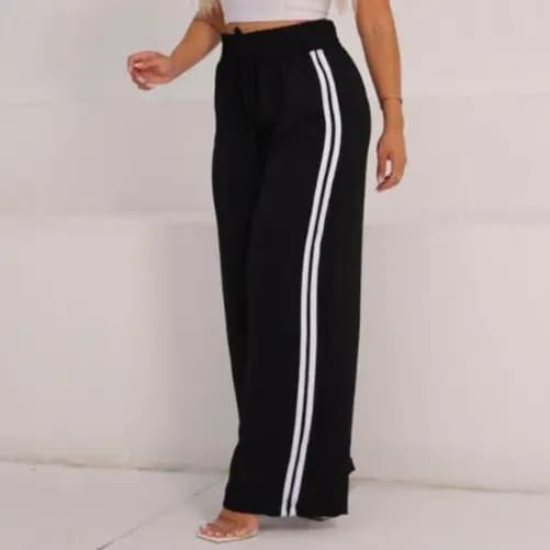 Calça pantalona track pants wid leg, listra lateral, elástico na cintura, sem bolso, tecido duna