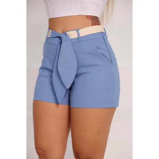 Shortinho Feminino Ester LINHO Cintura alta com Faixa cinto e Bolsos Casual Confortável e Elegante