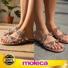 Sandalia Moleca Feminina  Rasteira Casual Laço Slide Metalizada Original