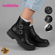 Bota Molekinha Juvenil Meninas Estilo Coturno Fivelas Decorativas Tratorada Moderna Confortável Original