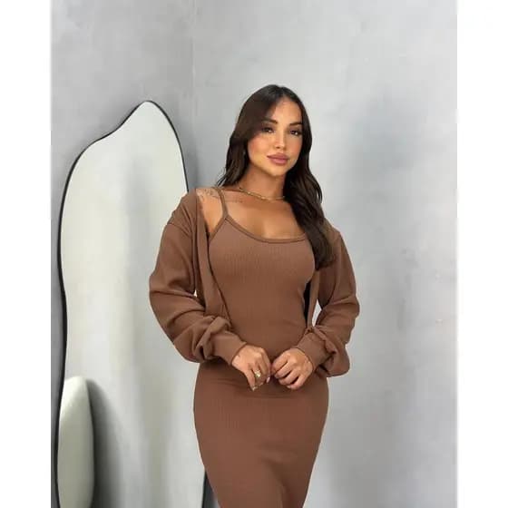 Conjunto Feminino Vestido Longo + Casaco  Vestido Midi com Bojo confortavel de alta Qualidade