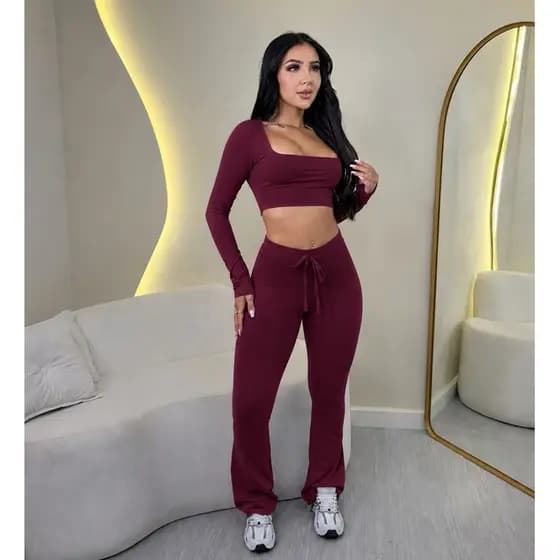 Conjunto Feminino Calça Pantalona Cintura Alta E Cropped Manga Longa Suplex Premium Não Transparente