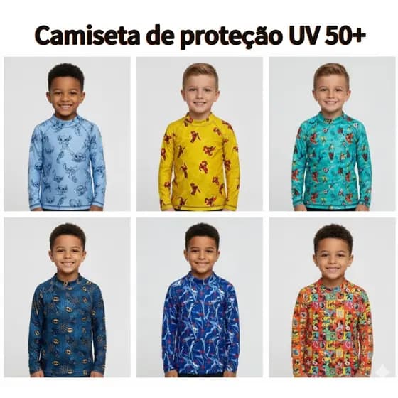 Camiseta Infantil Menino Com Proteção Solar UV 50+ Personagens Manga Longa Praia e Piscina