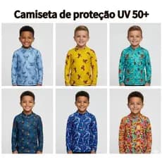 Camiseta Infantil Menino Com Proteção Solar UV 50+ Personagens Manga Longa Praia e Piscina