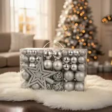 KIT 100 BOLAS ENFEITE COMPLETO PARA ARVORE DE NATAL PRATEADO