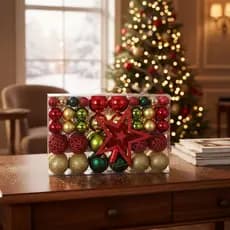 KIT 100 PEÇAS ENFEITE COMPLETO BOLAS DE ARVORE DE NATAL VERDE VERMELHO AMARELO
