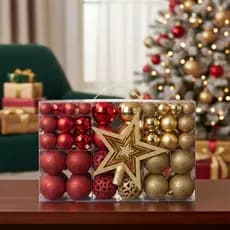 KIT 100 PEÇAS ENFEITES BOLAS TAMANHOS DIVERSOS DE ARVORE DE NATAL AMARELO E VERMELHO