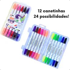 Canetinhas Importadas Ponta Dupla 12 Unidades | 24 Possibilidade para Pintar e Colorir | Material Escolar Volta às Aulas
