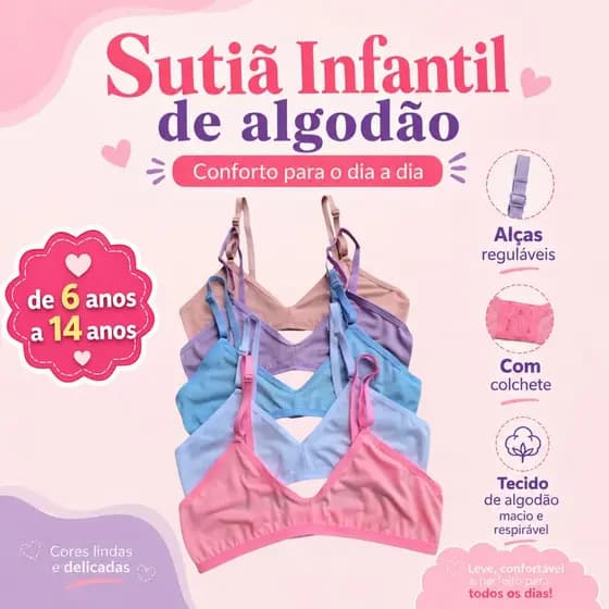 Kit Sutiã Juvenil Infatil Cotton Algodão Com Abertura Atrás