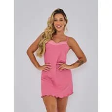 Camisola Feminina Canelada c/ Renda Confortável Roupa de Dormir Noite Pijama