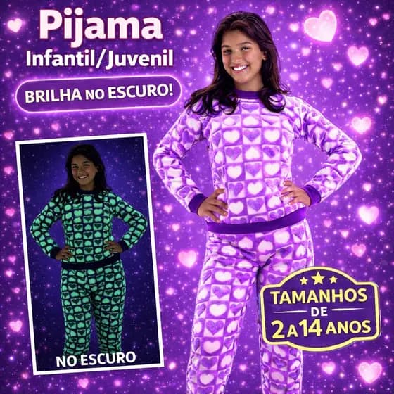Pijama Infantil Inverno Peluciado Brilha no Escuro Fleece Menina Manga Comprida Tamanho 2 ao 14 Anos