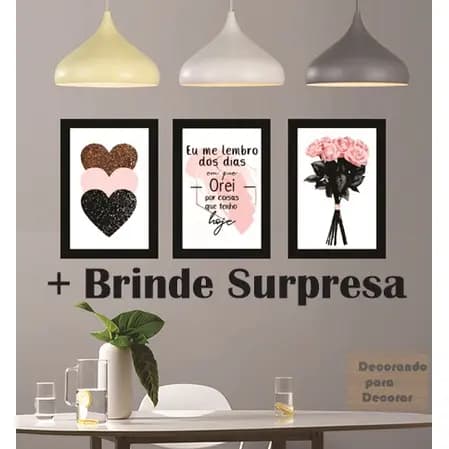 Kit 3 Quadros Decorativos Sala, Quarto, Escritório Decoração Flores, eu me lembro oração, coração rosa