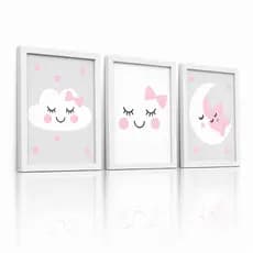 Quadro Decorativo Infantil Menina Nuvens de 3 Peças Rosa e Cinza para quarto de menina, decoração de criança