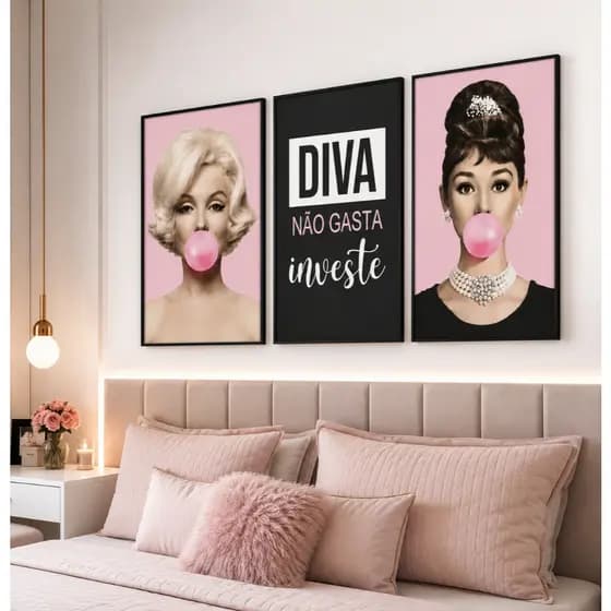 Quadros Decorativo 3 peças Frases Mulheres Chiclete Rosa Atrizes Sala Quarto