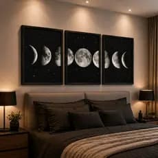 Quadros Decorativo 3 peças Todas as Fases da Lua Preto e Branco Sala Quarto