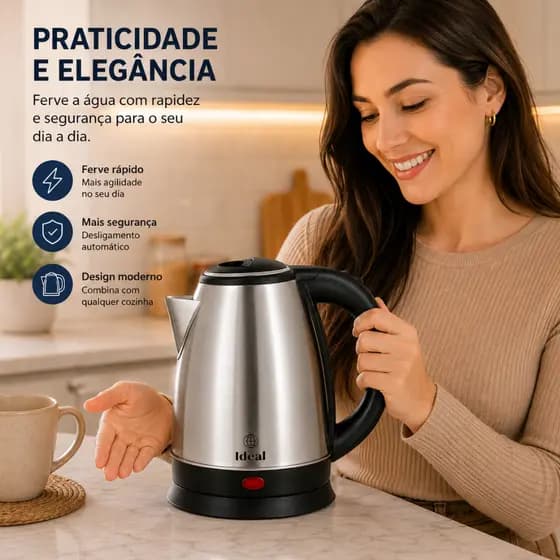 Chaleira Elétrica Inox 1,8L 110V 220V Desligamento Automático Café Chá Água Rápida