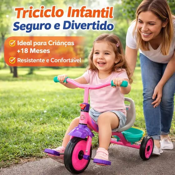 Triciclo Infantil Rosa Motoca Criança +18 Meses Pedal Seguro Resistente Até 30kg Com Cestinha