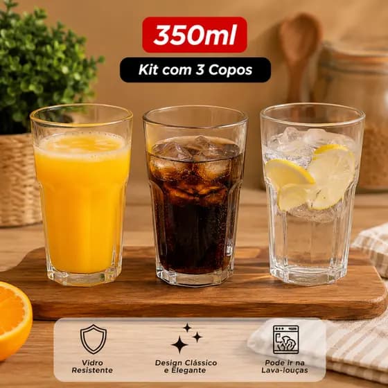 Conjunto 3 Copos Vidro 350ml Premium Para Água Sucos Refrigerantes Drinks Cozinha