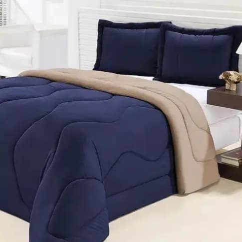 Edredom Em Malha Gel 3 Peças Casal Queen 2,20 X 2,40 - Azul Marinho Com Avelã