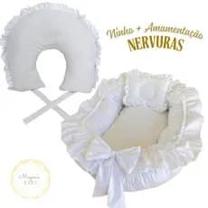 Kit Ninho Redutor de Berço + Almofada De Amamentação BABADO E AMARRIS Nervuras várias cores