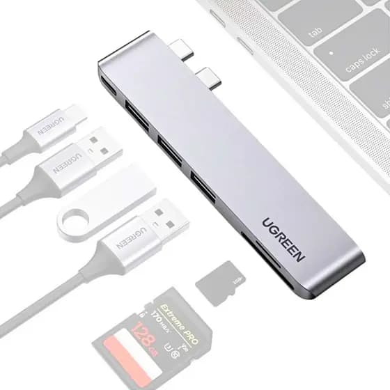 HUB 6 em 2 USB-C PD Ugreen Thunderbolt 100w 8K 3x USB 3.0 Leitor SD/TF para MacBook Pro Air Silver