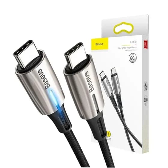 Cabo Baseus USB-C para Tipo-C 60w Carga Rápida 1M Reforçado Indicador Led Nylon PS5, Galaxy, iPhone