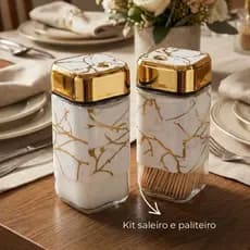 Kit Saleiro Paliteiro Pimenteiro Marmorizado Dourado Branco Preto