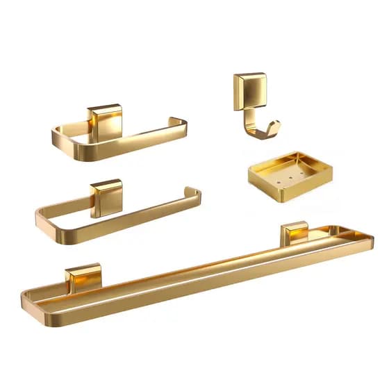 Kit De Acessórios Para Banheiros 5 Pçs Com Toalheiro Duplo Gold Dourado Lavabo Banho